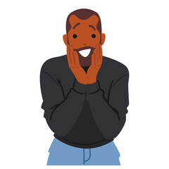 Happy Cartoon Male Character With Hands On Face, Expressing Surprise And Joy. Black Adult Man Positive Feeling