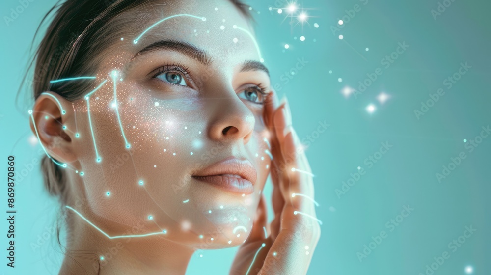 Poster imagine a woman in a futuristic world with glowing neural network patterns representing technology a