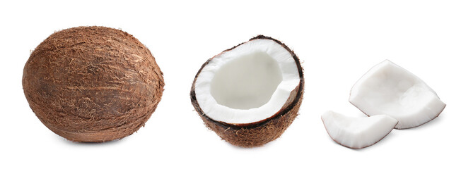 Coconut isolated on white. Whole, half and pieces