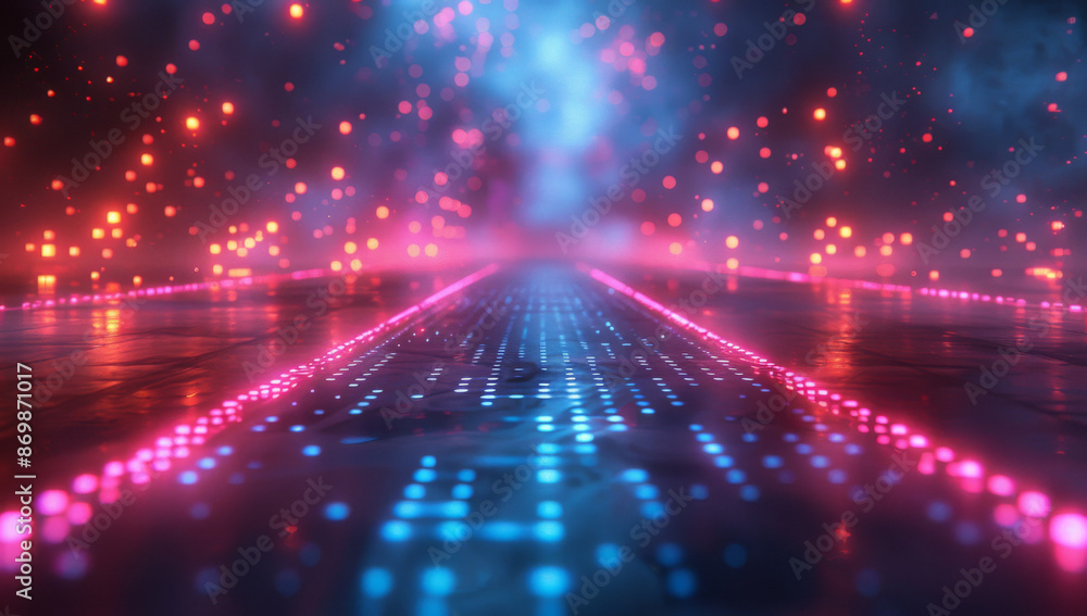 Poster vibrant neon lights form an abstract grid pattern on a dark background, with floating digital symbol