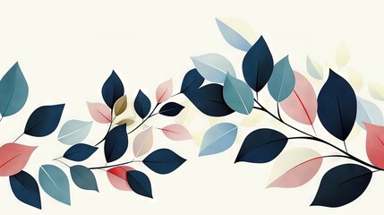   A vibrant painting featuring a branch adorned with red, blue, and green leaves against a pristine white backdrop, providing ample room for text
