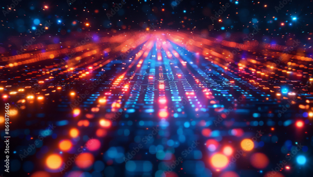 Aufkleber vibrant neon lights form an abstract grid pattern on a dark background, with floating digital symbol