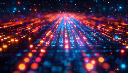Fototapeta premium Vibrant neon lights form an abstract grid pattern on a dark background, with floating digital symbols and geometric shapes in blue and purple hues.