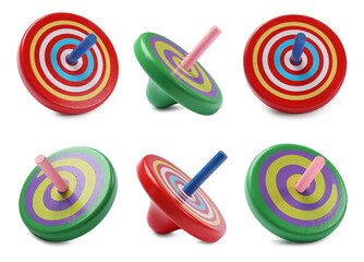 Many different spinning tops isolated on white, set