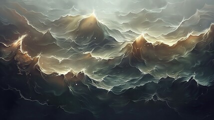  A digital painting depicting a mountain range under clouds with sunlight piercing both the summit and base