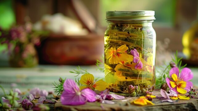 A jar of homemade pickles flad with the subtle sweetness of wild geranium blossoms perfect for snacking or gifting.