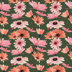 Watercolor floral seamless pattern.Osteospermum flowers isolated on olive background.