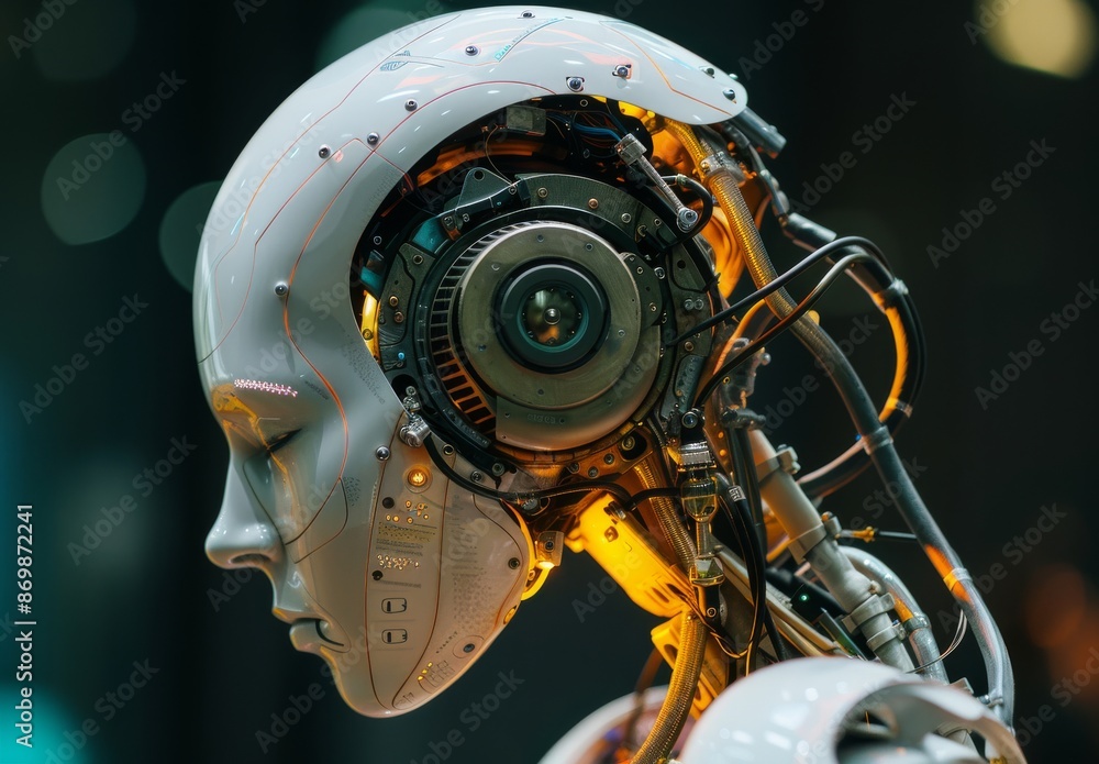 Poster a close up view of a robots head with glowing internal mechanisms