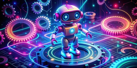 Vibrant neon cartoon robot surrounded by swirling code and gears, showcases AI chat technology in a futuristic isometric environment, representing innovative engineering solutions.