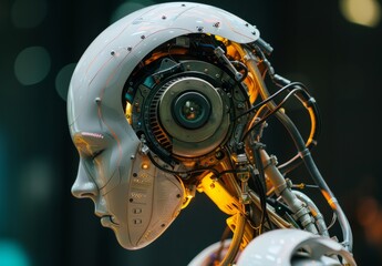 Fototapeta premium A Close Up View of a Robots Head With Glowing Internal Mechanisms