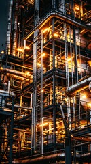 Fototapeta premium Industrial complex at night with illuminated metal scaffolding and pipes.