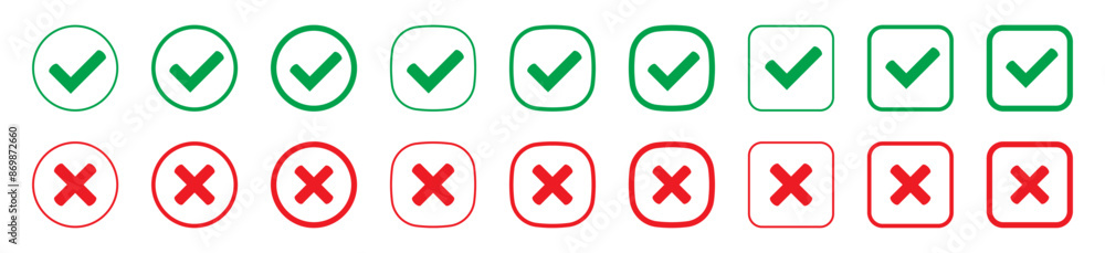 Aufkleber right or wrong icons. green tick and red cross checkmarks. yes or no symbol, approved or rejected ic