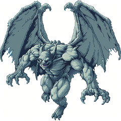 A pixelated video game art design of a muscular strong scary gargoyle demon statue flying on a white background