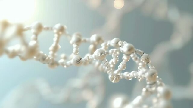 A close-up image of a DNA double helix made of pearl-like structures under soft light. The intricate details highlight the molecular structure. The background is blurred, with a serene and scientific