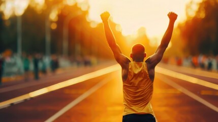 A victorious athlete crosses the finish line.