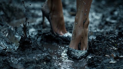 Close-up of high-heeled shoes splashing in muddy water outdoors. Fashion and weather concept. Action shot.