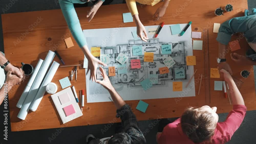 Poster top down view of smart business people shaking hands and making a contract. aerial view of architect
