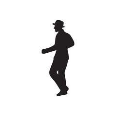 Single man dancer dancing on the floor and learning ballroom latin dances - salsa, rumba, samba in black isolated on white background. Hand drawn vector silhouette illustration. Male in suit and hat