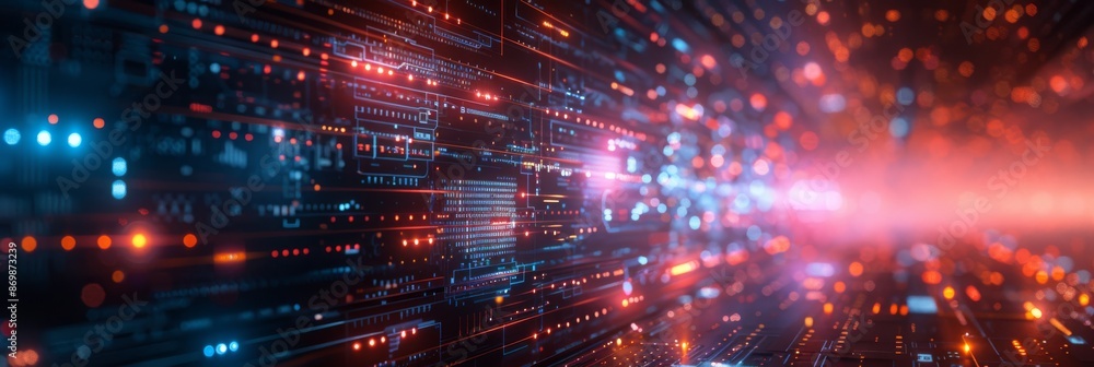 Poster futuristic digital network with glowing lights and data flow on a dark background. technology and co