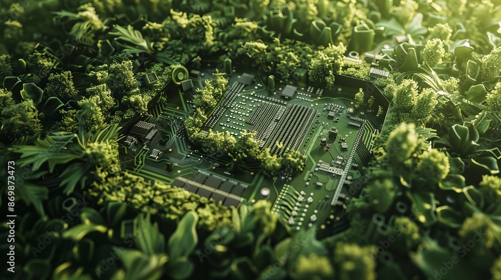 Poster technology and nature are merging to create a greener future. we can use computers to reduce energy 