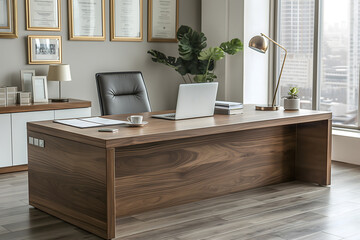 Executive CEO's office of a director or head of corporation workspace wooden desk with a high-end laptop, documents, a modern stylish office with floor-to-ceiling windows