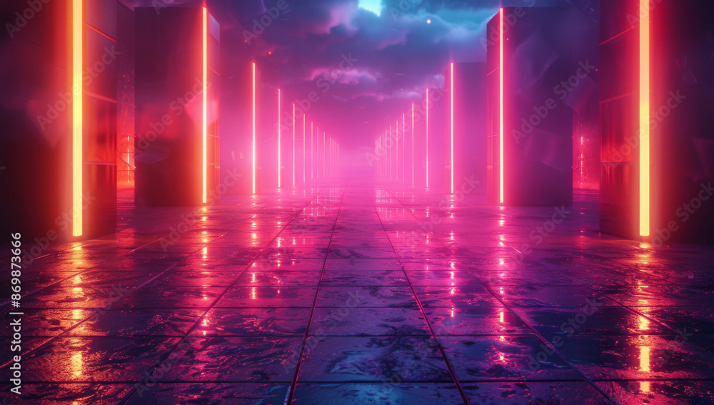Fototapete vibrant neon lights and pixelated shapes floating above an empty grid floor, creating a futuristic b