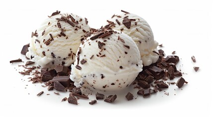 Sweet treats made with a scoop of ice cream and shaved chocolate sit alone on a white background.