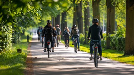 Obraz premium A group of people bike along a tree-lined path on a sunny day. The path is paved and surrounded by lush greenery.