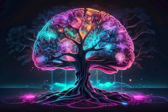 Neon glowing human brain tree lights connecting futuristic mental health elements. 
