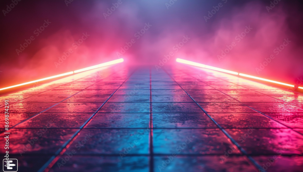 Fototapete vibrant neon lights and pixelated shapes floating above an empty grid floor, creating a futuristic b