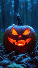 Jack-o'-lantern glowing in a forest during twilight with eerie feel.