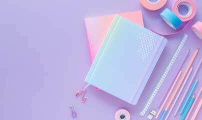Flat lay of colorful stationery items on a purple background for creative work and school projects