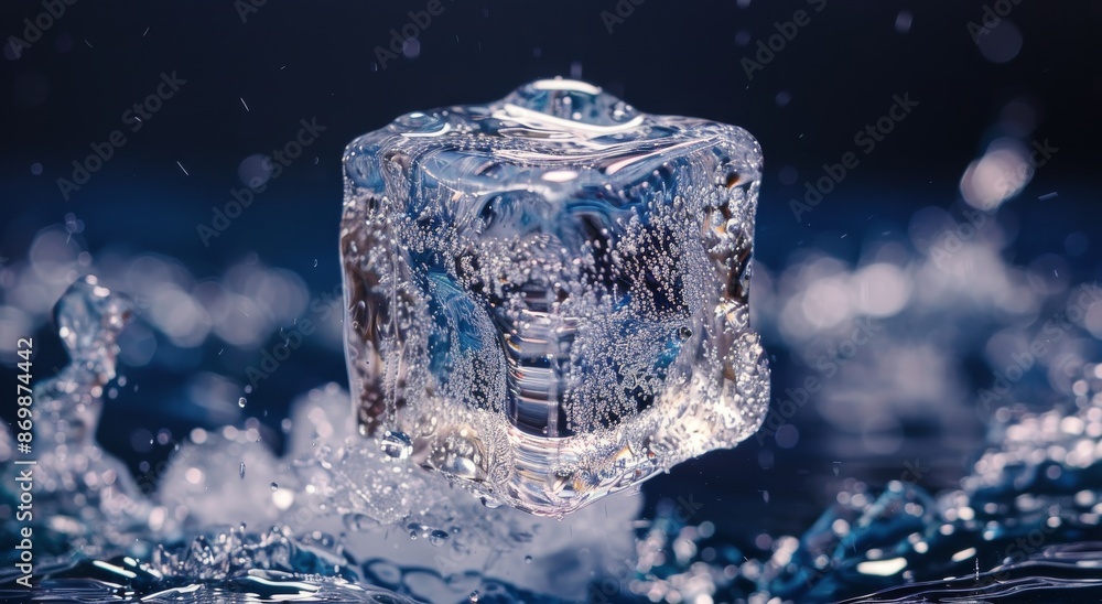 Poster close up of ice cube dropping into water with splash and bubbles