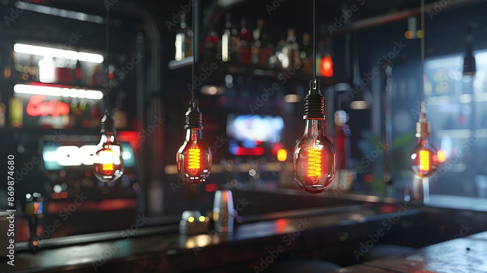 Poster a room with a lot of ceiling lights and a bar in the background, adorned with several hanging light 