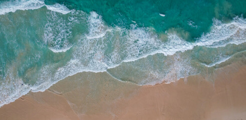 Aerial view drone over beach sea. Beautiful sea waves. Beach sand and amazing sea in Dominican...