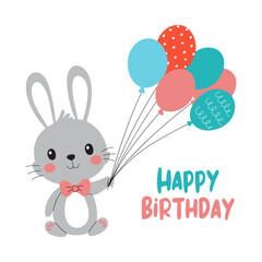 Cute little rabbit with balloons isolated on white. Happy birthday lettering. Holiday card design. Vector illustration.