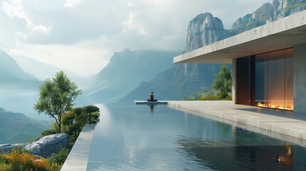 Woman Meditating by Infinity Pool With Mountain View