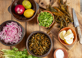 Ingredientes for seaweed cochayuyo seviche cebiche Chilean Australin peruvian cochayuyo, red onion, cilantro and lemon