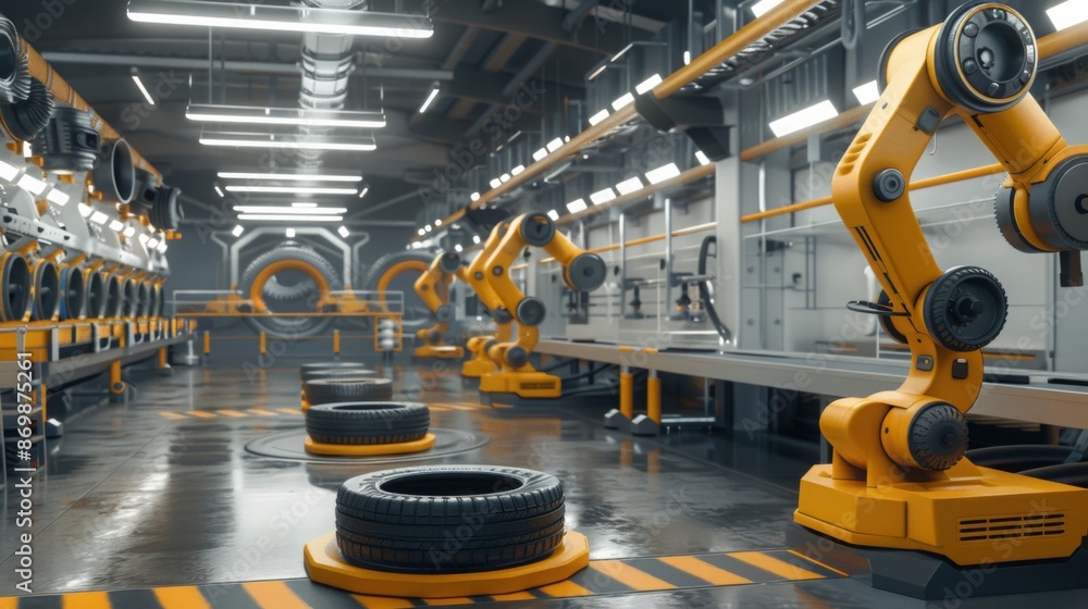 Poster a yellow industrial robotic arm is in a factory setting, assembling tires in a row.