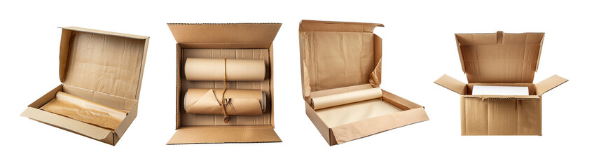 Opened cardboard boxes with white wrapping paper on transparent background, box container distribution