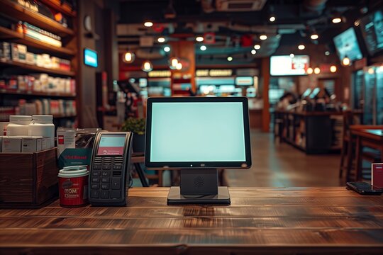 Empty POS System on Wooden Counter in Modern Retail Store