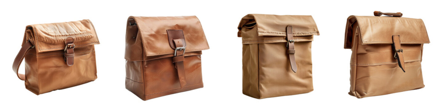 Low-angle view set four variously-sized squarish brown leather bags with flap closures black hardware against transparent background