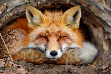Fototapeta premium A close-up of an adorable red fox resting in its den A majestic wildlife photo Generative AI