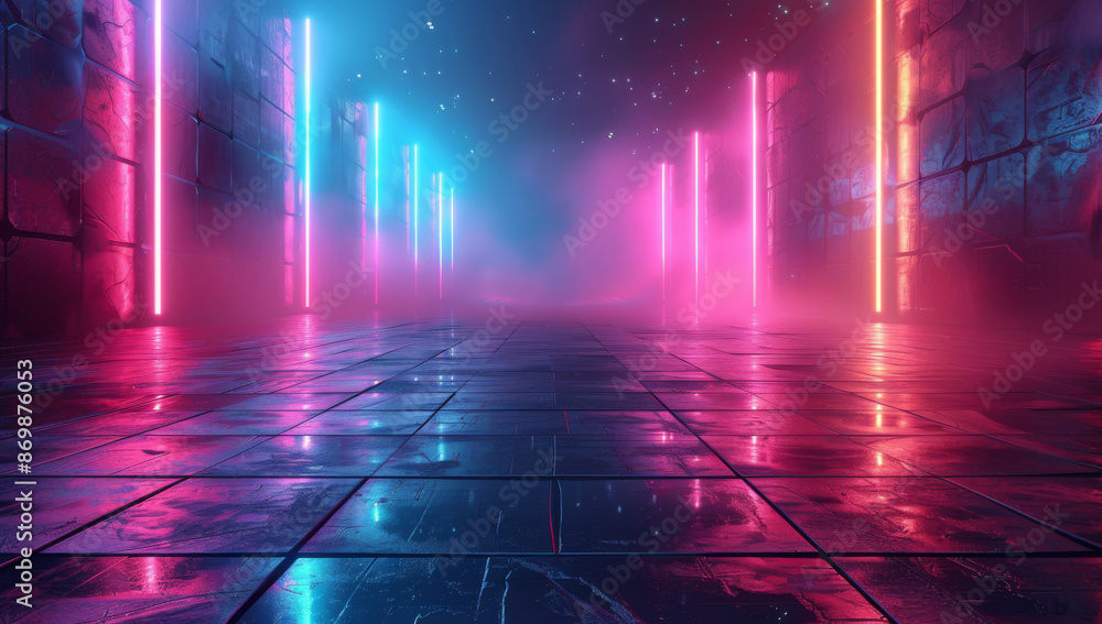Poster vibrant neon lights and pixelated shapes floating above an empty grid floor, creating a futuristic b