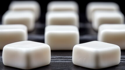 Obraz premium A group of identical white cubes is neatly arranged on top of a table in a well-lit room