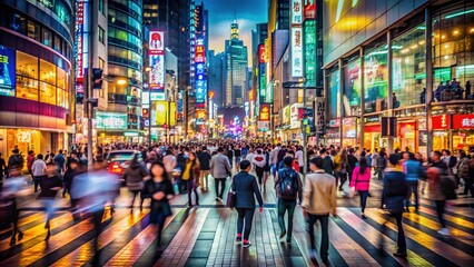 Obraz premium Busy city street filled with anonymous blurred figures, capturing the essence of urban shopping frenzy, with towering skyscrapers and neon lights in the background.