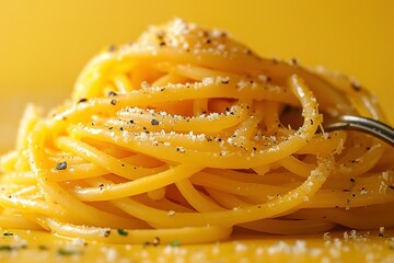 A plate of pasta with a fork in it