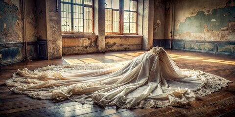 Elegant bridal gown lies abandoned on a vacant floor, delicate lace and satin folds cascading down, evoking a sense of lonely beauty and forgotten romance.