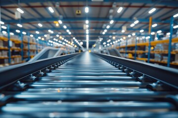 Industrial conveyor belt in a warehouse with blurred background of shelves and lights. Focus on foreground. Industrial logistics concept.