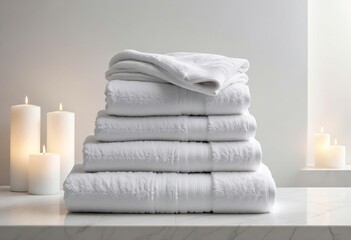 Light white spa towels pile, bath towels lying in a stack on light white peaceful background